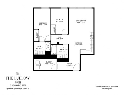 Floor plan for 2 beds, 2 baths, 1044 sqft